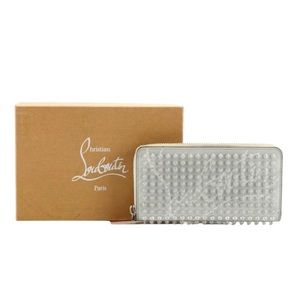 Authentic Christian Louboutin Gray Logo Long Panettone Wallet With Clear Spikes